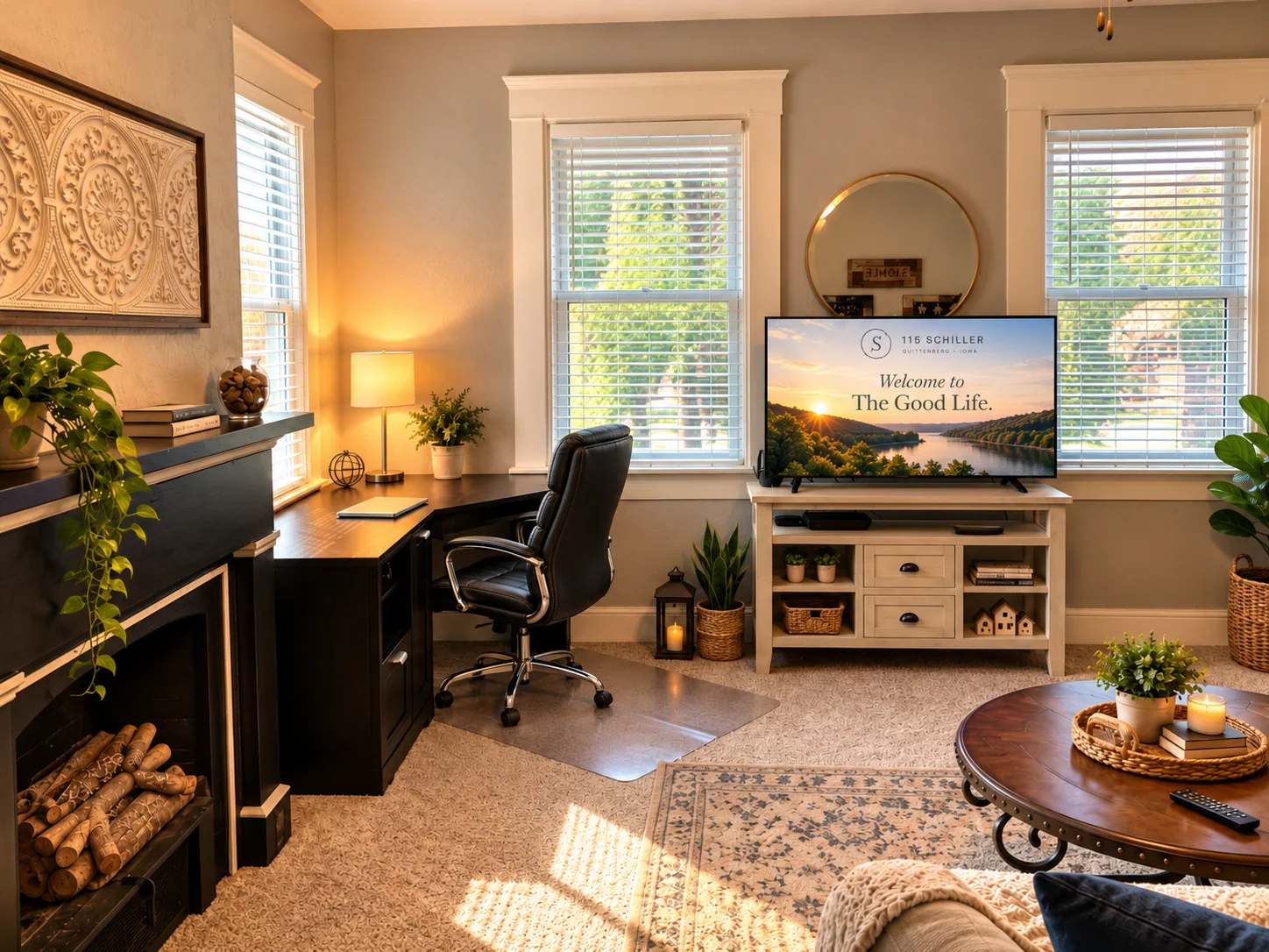 Illustrative artwork of The Good Life lounge and office workspace