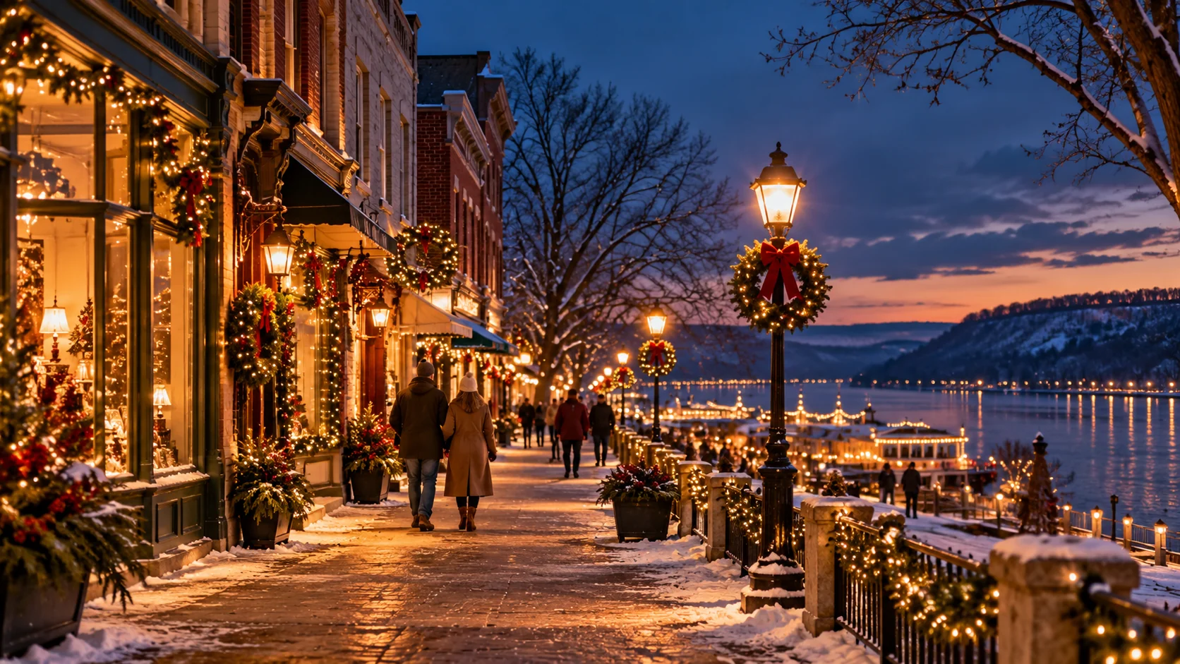 Illustrative holiday-lit storefronts beside the Mississippi on a winter evening