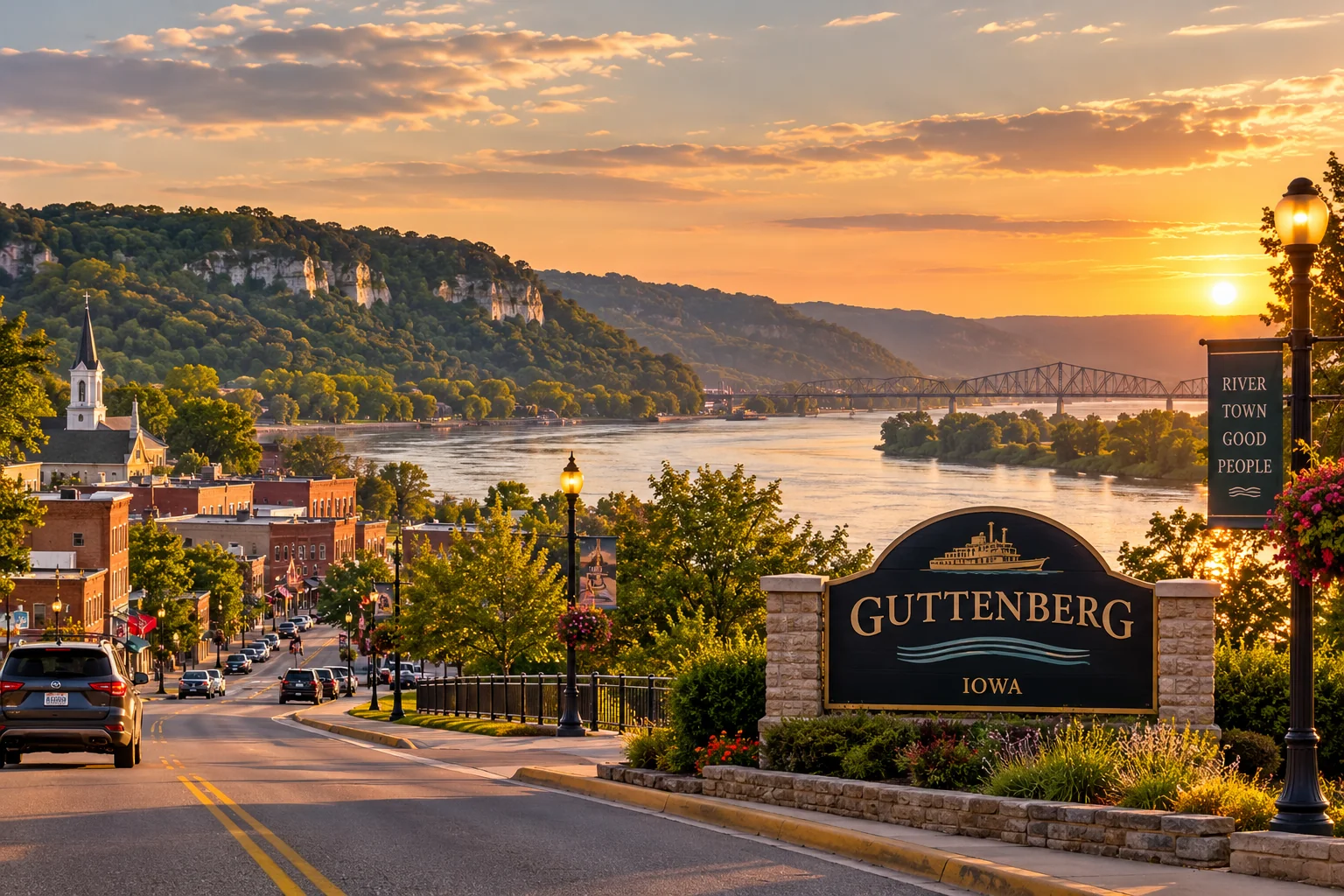 Illustrative sunset view descending toward a Mississippi River town, with downtown, river bluffs and a bridge