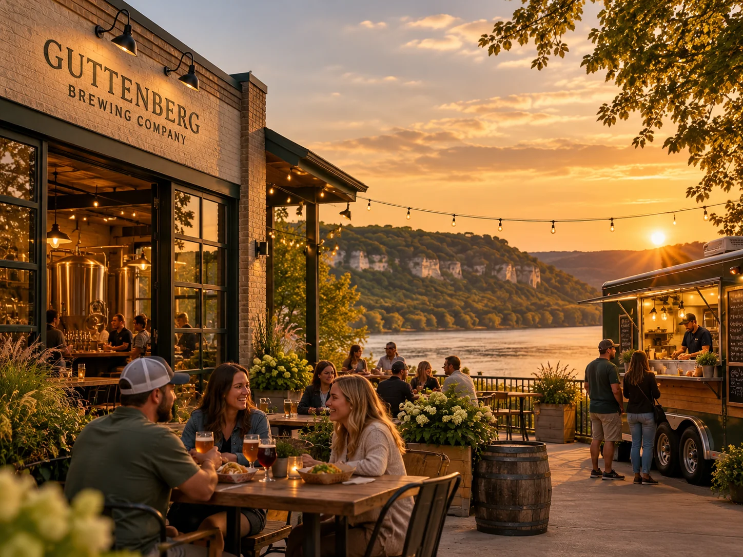 Concept image of a riverside brewery patio with guests and a visiting food truck at sunset; not a photograph of actual business operations