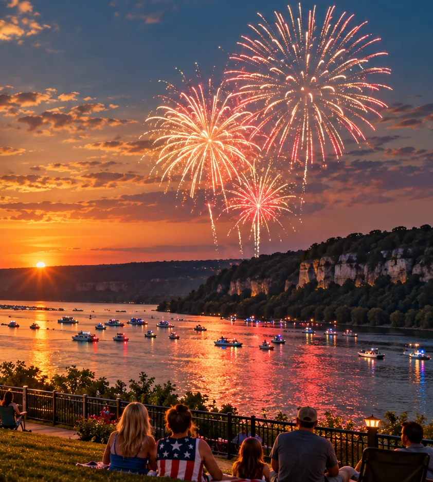 Illustrative summer fireworks over the Mississippi