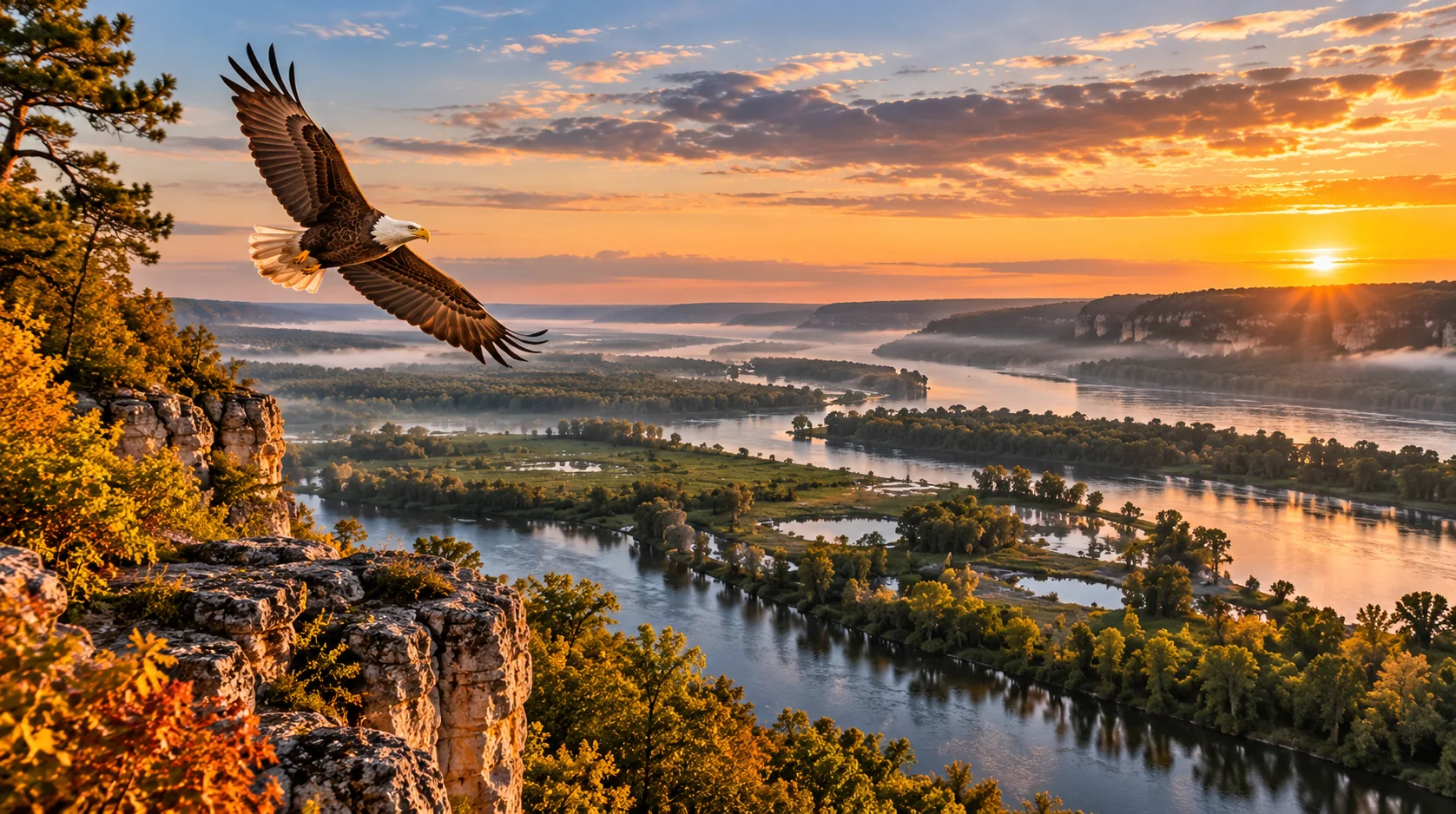 Illustrative scenic landscape of the Mississippi River refuge, floodplain channels and a bald eagle in flight