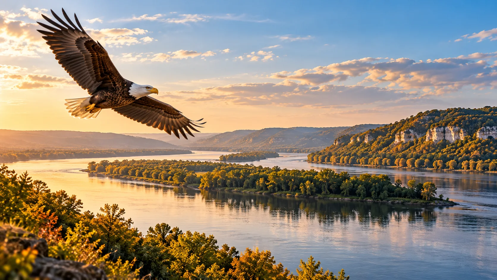 Illustrative eagle over the Upper Mississippi River